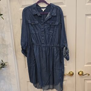 Time and Tru Blue Denim Shirt Dress with Drawstring Waist